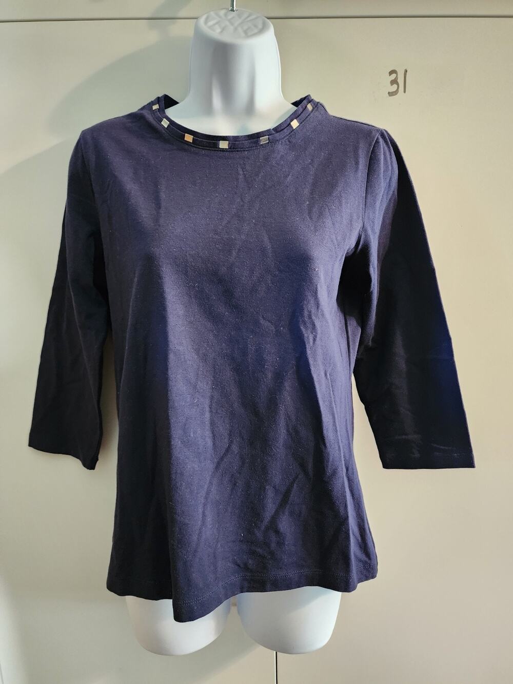 Vintage Laura Ashley Womens Small Navy Blue Studded Neck 3/4 Sleeve Top Shirt S
